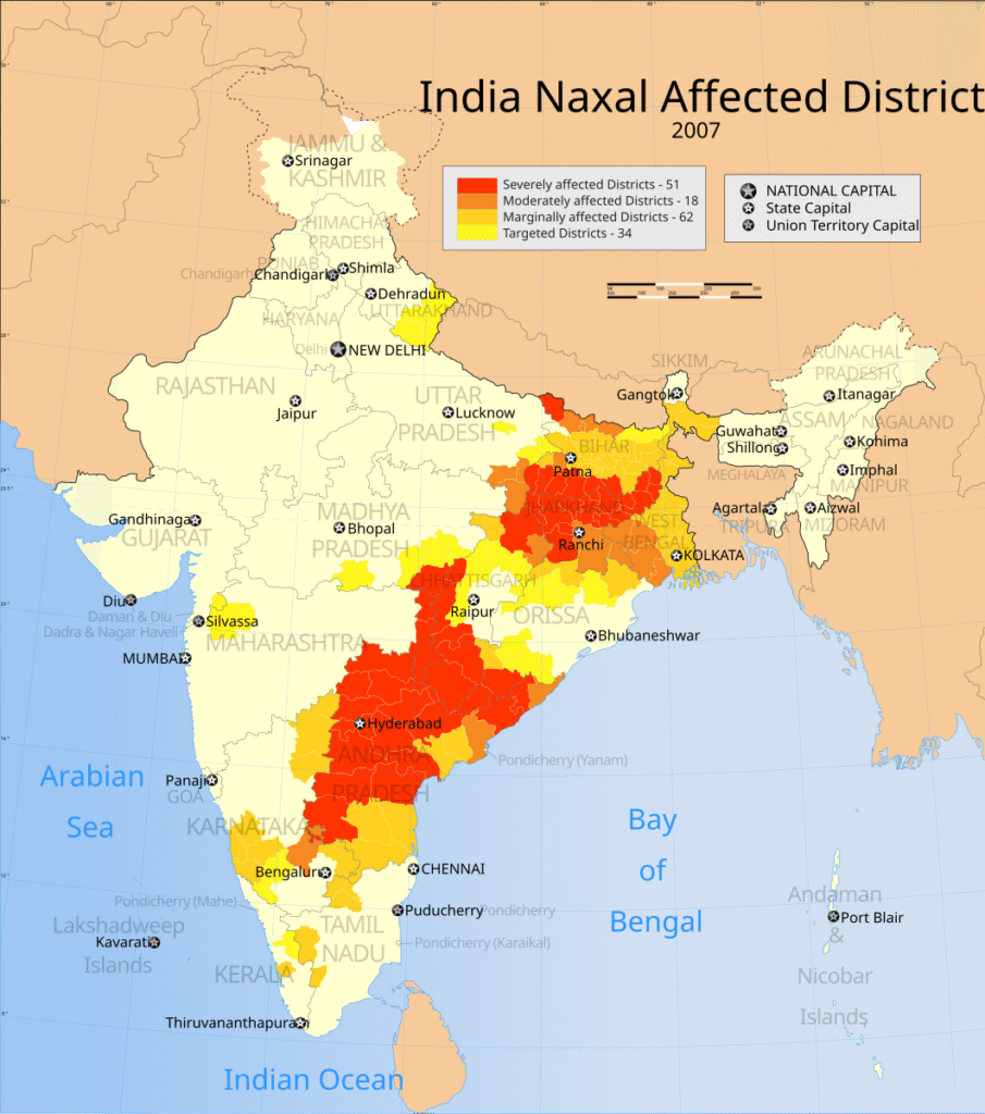 भारत में 2000 के दशक में नक्सल प्रभावित राज्यों का मानचित्र (साभार इंटरनेट)