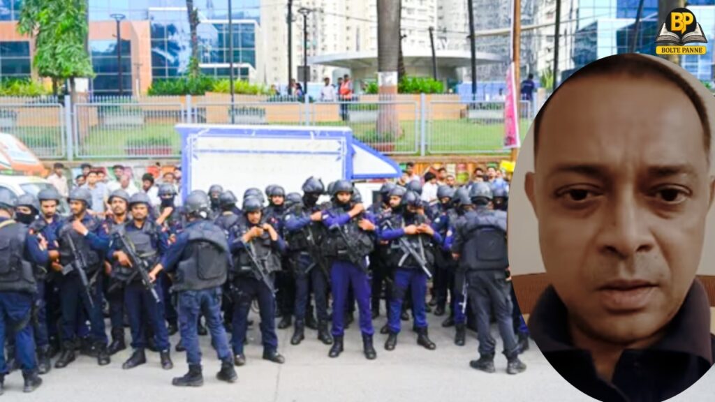 स्टूडियो के सामने तैनात पुलिस बल, इनसेट में आरोपी अपहरणकर्ता।