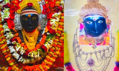 थावे दुर्गा मंदिर (बाये) व दुर्गा मूर्ति के चोरी हुए आभूषण बरामद हुए (दाये)। तस्वीर- टीम बोलते पन्ने।