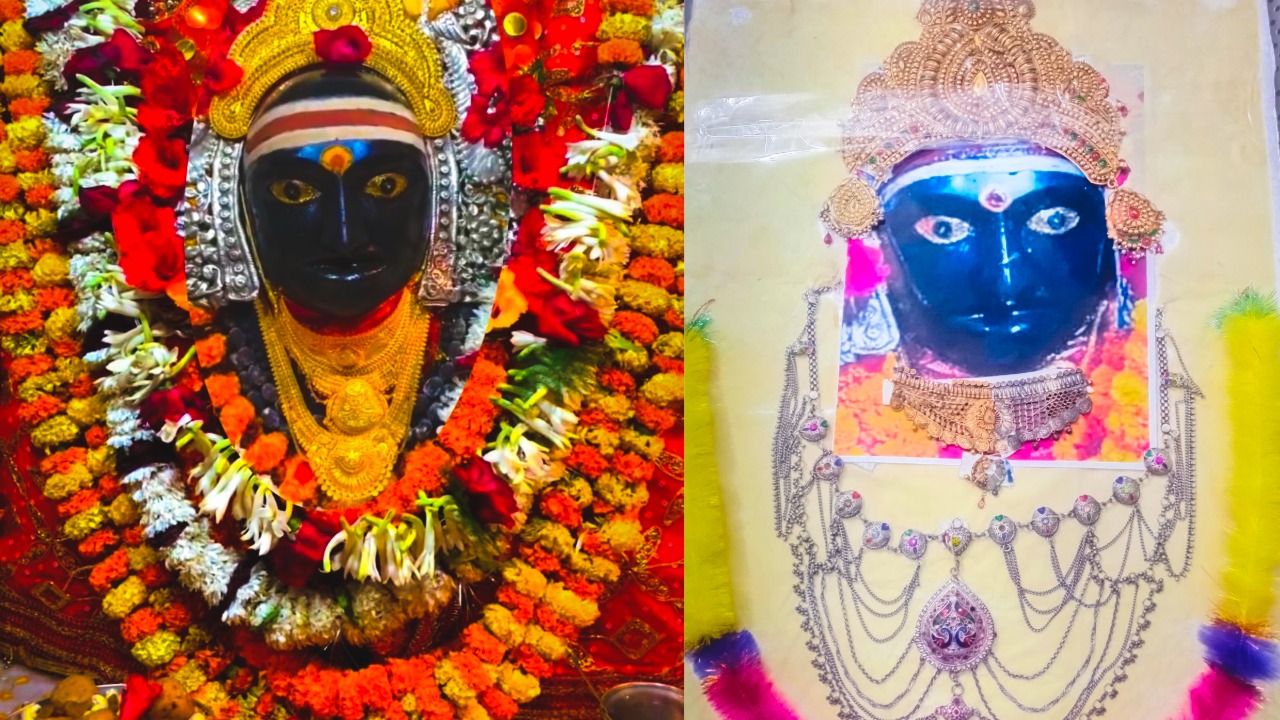 थावे दुर्गा मंदिर (बाये) व दुर्गा मूर्ति के चोरी हुए आभूषण बरामद हुए (दाये)। तस्वीर- टीम बोलते पन्ने।