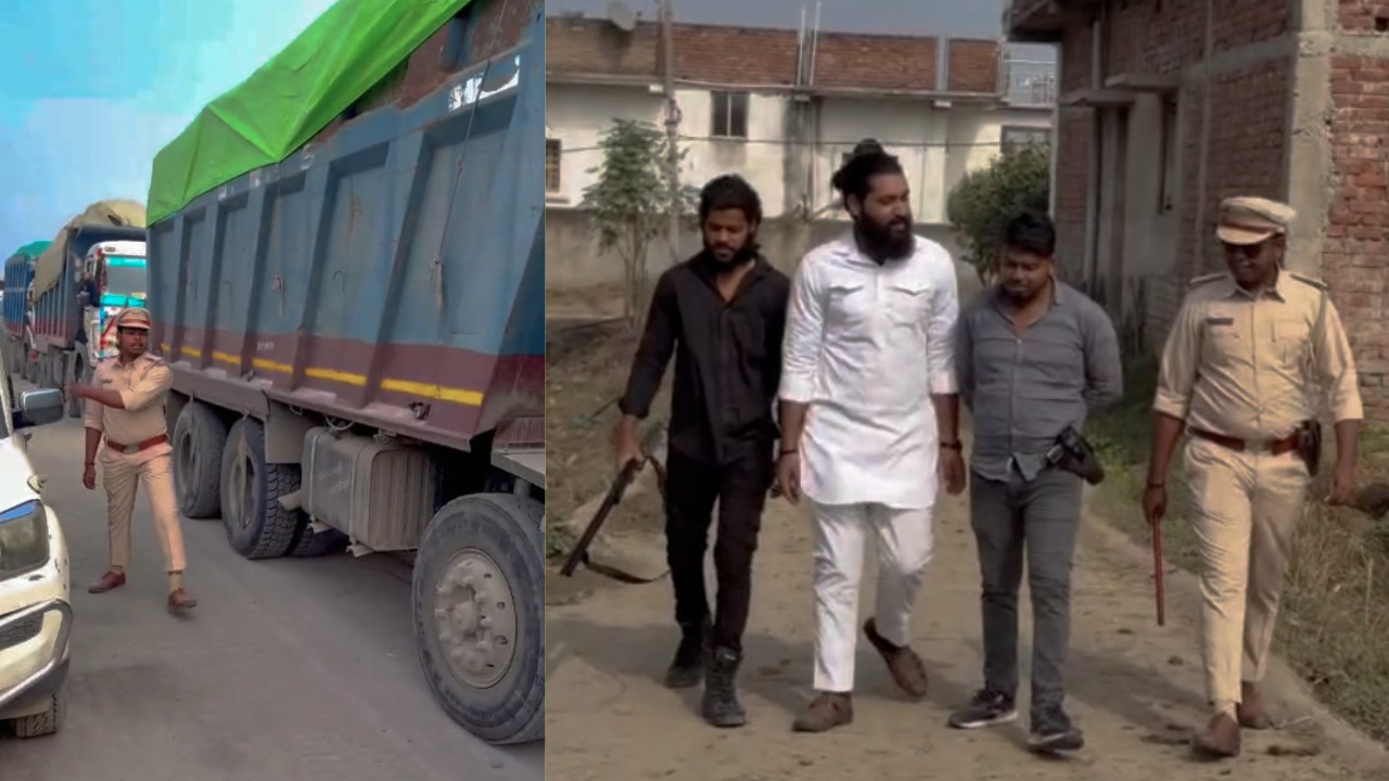 पुलिस की वर्दी में रील बनाते युवक।