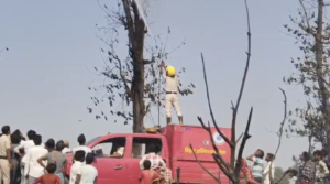 मौके पर आग बुझाने की कोशिश करती फायर बिग्रेड