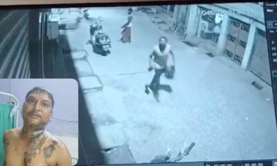 तेजाब फेंकने की घटना सीसीटीवी में कैद हुई, युवक का धड़ व पैर झुलस गए हैं (इनसेट)।